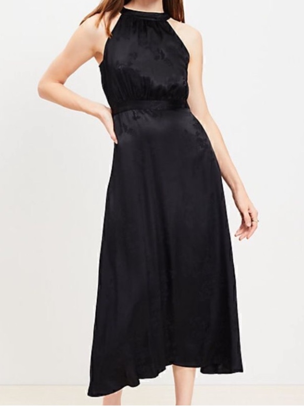 LOFT Black Halter Maxi Dress with Subtle Floral Jacquard 0P Event Goth Classic